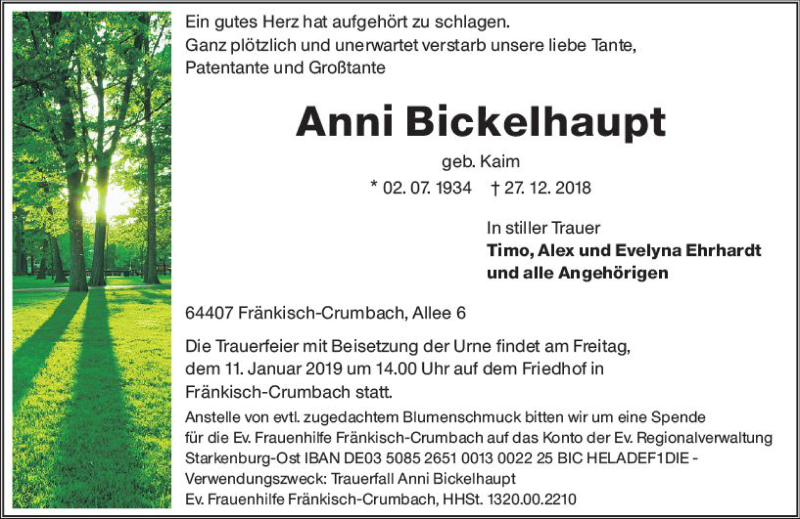  Traueranzeige für Anni Bickelhaupt vom 05.01.2019 aus vrm-trauer