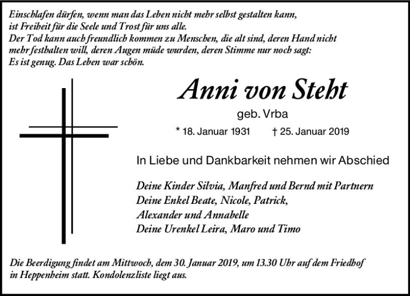  Traueranzeige für Anni von Steht vom 29.01.2019 aus vrm-trauer
