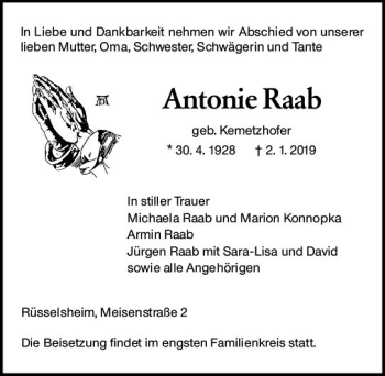 Traueranzeige von Antonie Raab von vrm-trauer