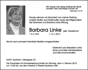 Traueranzeige von Barbara Linke von vrm-trauer