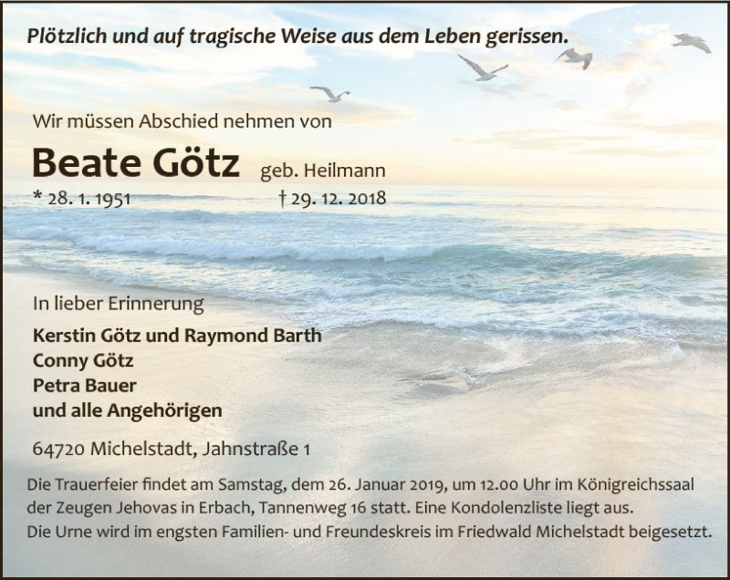  Traueranzeige für Beate Götz vom 12.01.2019 aus vrm-trauer