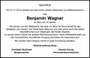 Traueranzeige von Benjamin Wagner von vrm-trauer