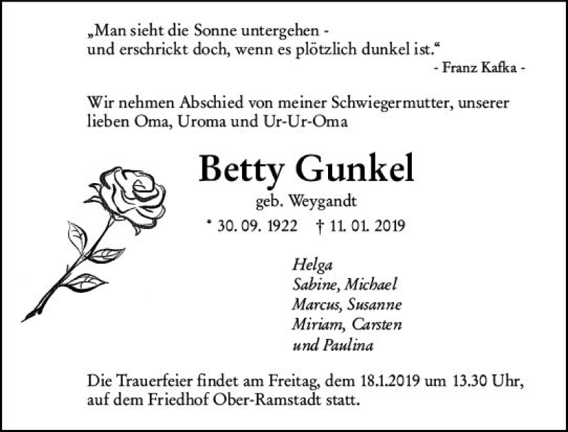  Traueranzeige für Betty Gunkel vom 16.01.2019 aus vrm-trauer