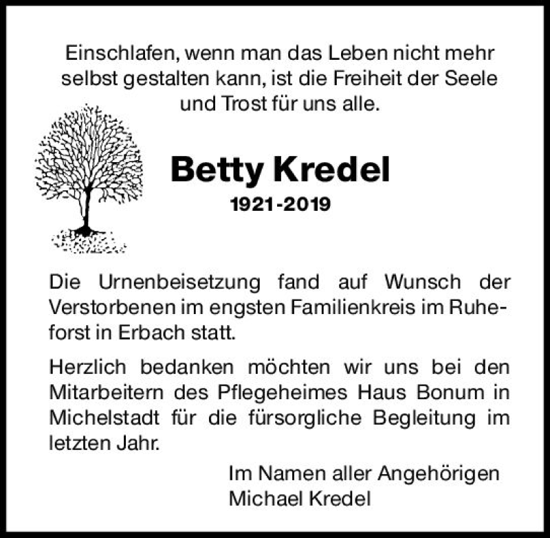  Traueranzeige für Betty Kredel vom 19.01.2019 aus vrm-trauer