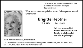 Traueranzeige von Brigitte Heptner von vrm-trauer