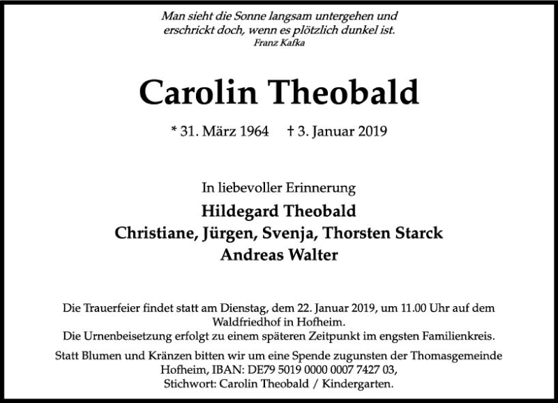  Traueranzeige für Carolin Theobald vom 18.01.2019 aus vrm-trauer