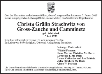 Traueranzeige von Christa Gräfin Strachwitz von Gross-Zauche und Camminetz von vrm-trauer