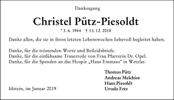 Traueranzeige von Christel Pütz-Piesoldt von vrm-trauer