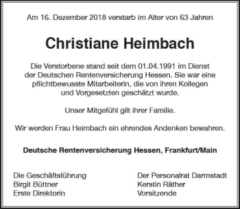 Traueranzeige von Christiane Heimbach von vrm-trauer
