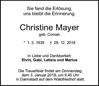 Traueranzeige von Christine Mayer von vrm-trauer