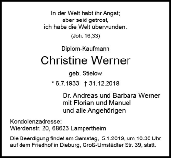 Traueranzeige von Christine Werner von vrm-trauer