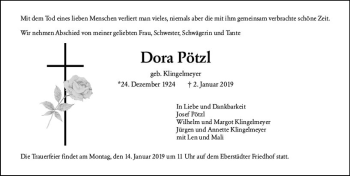 Traueranzeige von Dora Pötzl von vrm-trauer