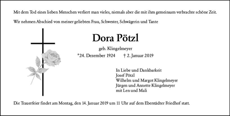  Traueranzeige für Dora Pötzl vom 05.01.2019 aus vrm-trauer