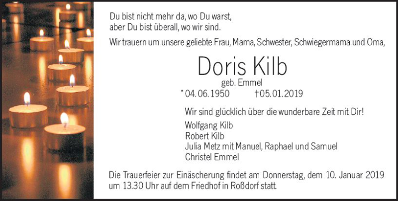  Traueranzeige für Doris Kilb vom 09.01.2019 aus vrm-trauer