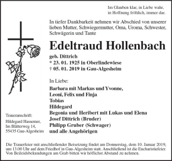 Traueranzeige von Edeltraud Hollenbach von vrm-trauer
