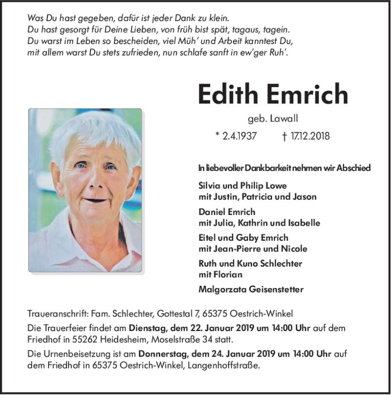  Traueranzeige für Edith Emrich vom 18.01.2019 aus vrm-trauer