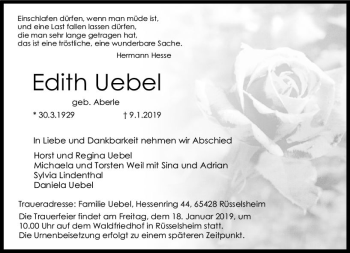 Traueranzeige von Edith Uebel von vrm-trauer
