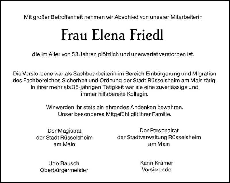  Traueranzeige für Elena Friedl vom 26.01.2019 aus vrm-trauer