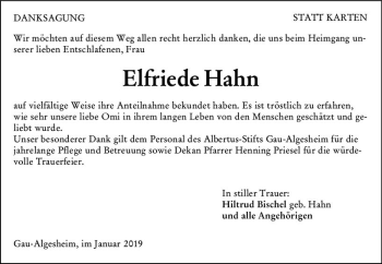 Traueranzeige von Elfriede Hahn von vrm-trauer