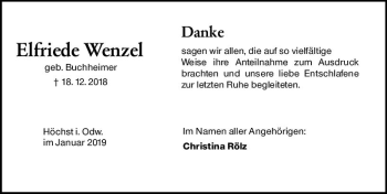 Traueranzeige von Elfriede Wenzel von vrm-trauer