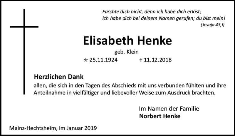  Traueranzeige für Elisabeth Henke vom 12.01.2019 aus vrm-trauer