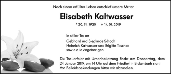 Traueranzeige von Elisabeth Kaltwasser von vrm-trauer
