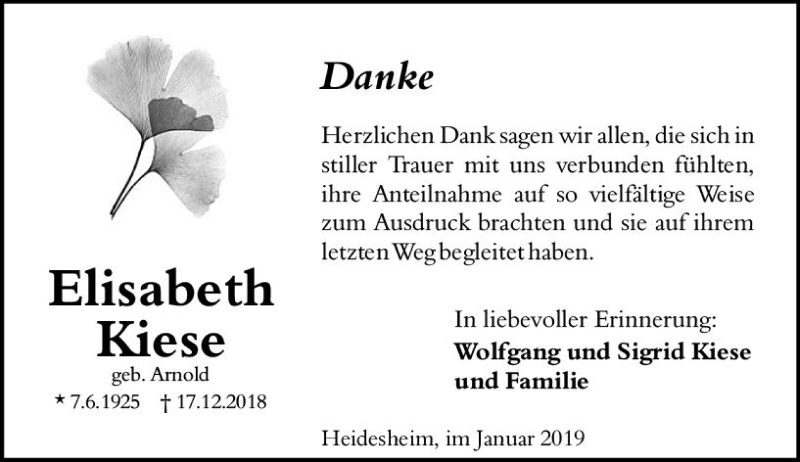  Traueranzeige für Elisabeth Kiese vom 12.01.2019 aus vrm-trauer