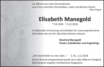 Traueranzeige von Elisabeth Manegold von vrm-trauer