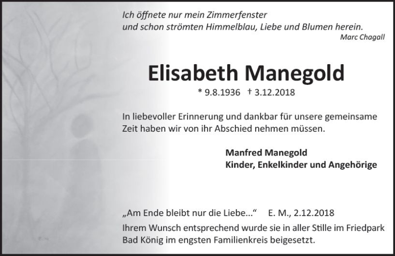  Traueranzeige für Elisabeth Manegold vom 11.01.2019 aus vrm-trauer