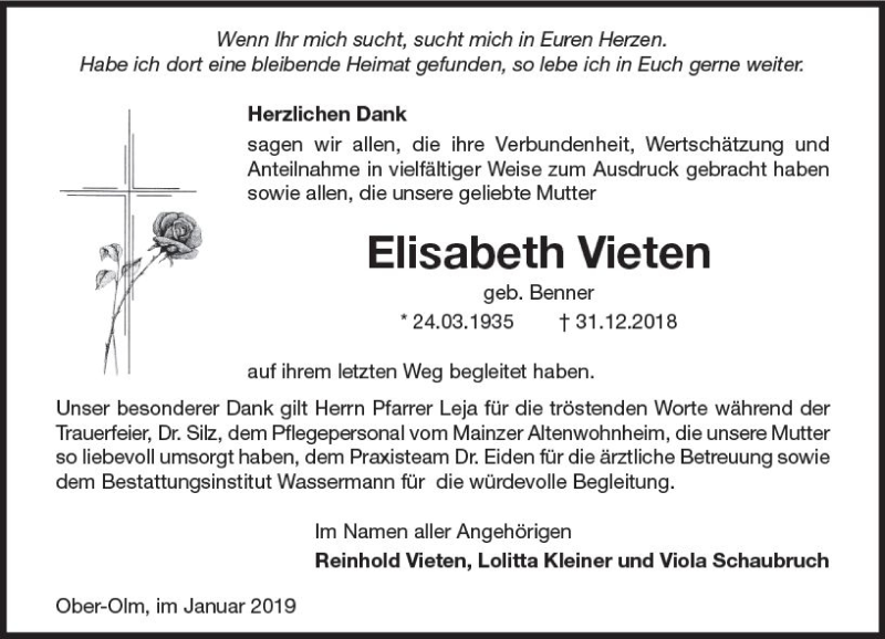  Traueranzeige für Elisabeth Vieten vom 26.01.2019 aus vrm-trauer