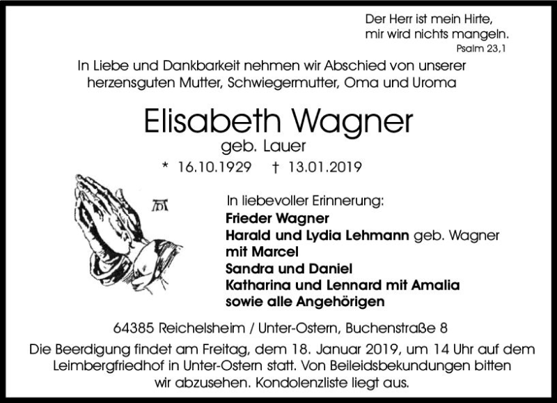  Traueranzeige für Elisabeth Wagner vom 16.01.2019 aus vrm-trauer