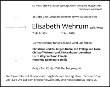 Traueranzeige von Elisabeth Wehrum von vrm-trauer