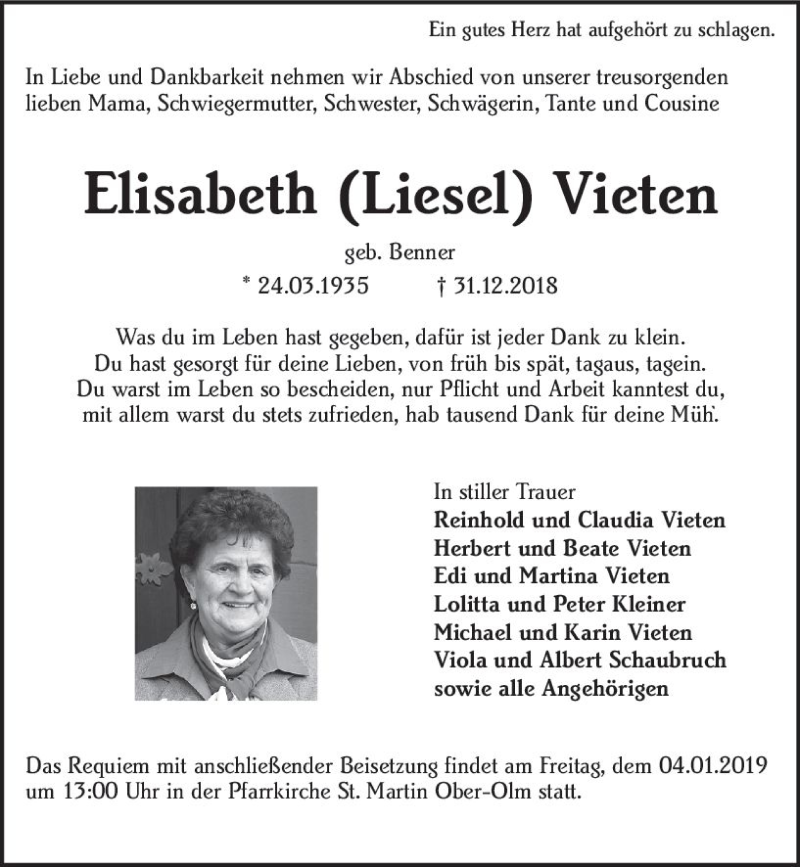  Traueranzeige für Elisabeth Liesel Vieten vom 03.01.2019 aus vrm-trauer