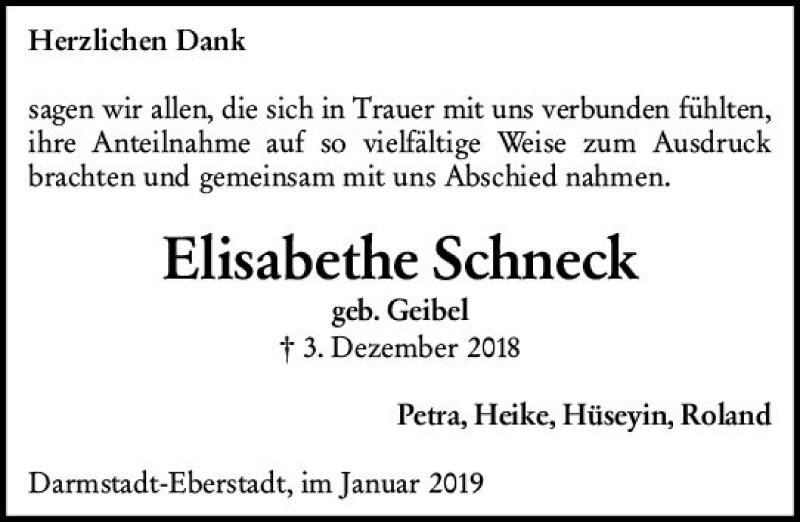  Traueranzeige für Elisabethe Schneck vom 05.01.2019 aus vrm-trauer