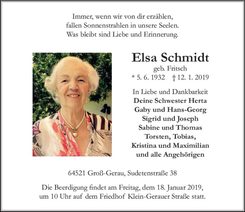 Traueranzeige für Elsa Schmidt vom 14.01.2019 aus vrm-trauer