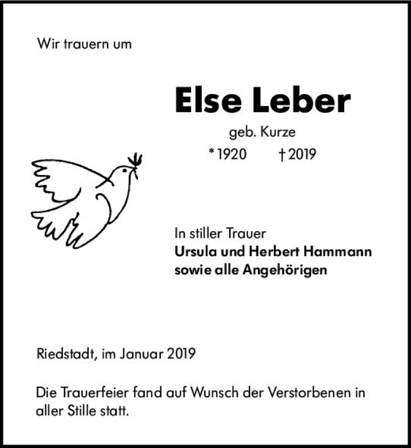  Traueranzeige für Else Leber vom 19.01.2019 aus vrm-trauer
