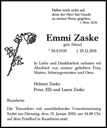 Traueranzeige von Emmi Zaske von vrm-trauer