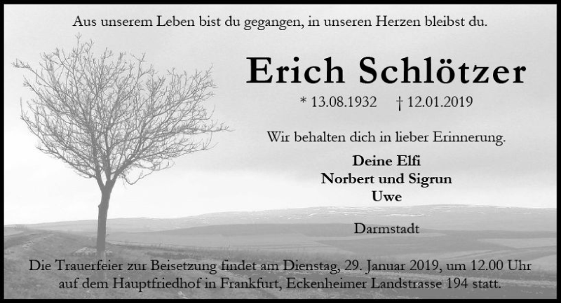  Traueranzeige für Erich Schlötzer vom 23.01.2019 aus vrm-trauer