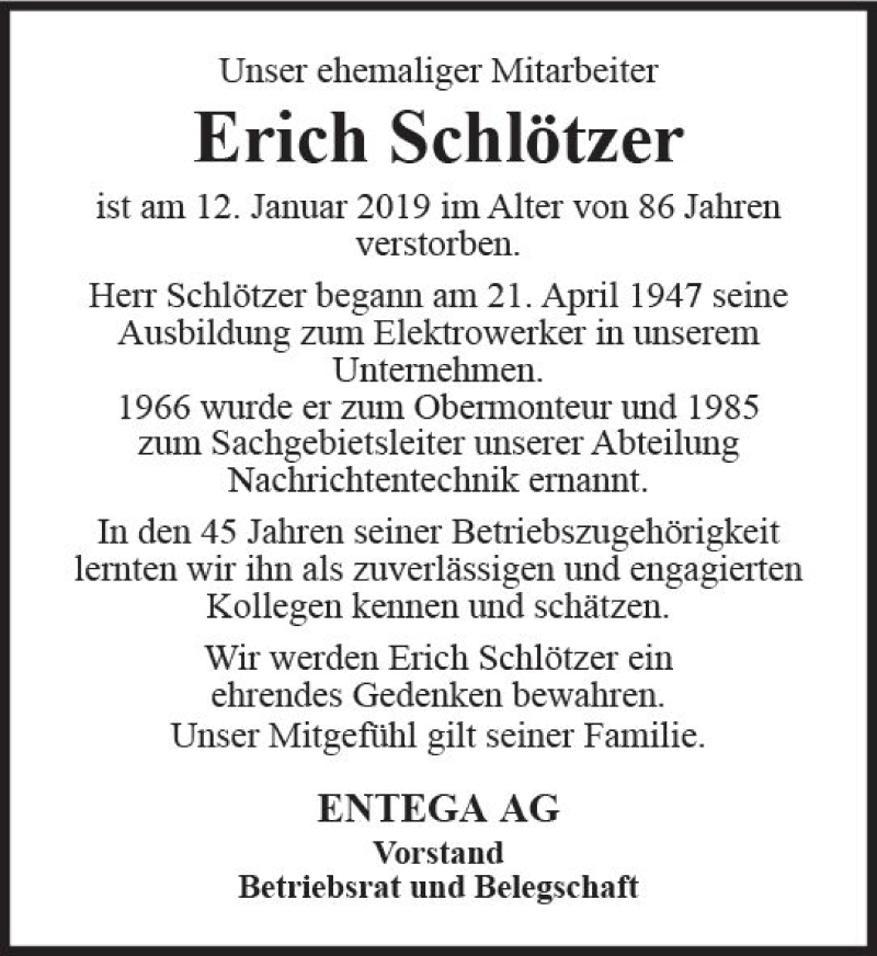  Traueranzeige für Erich Schlötzer vom 23.01.2019 aus vrm-trauer
