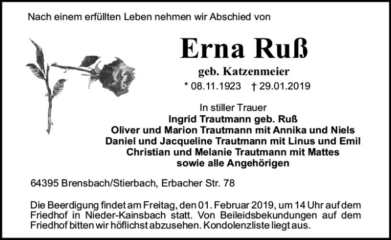  Traueranzeige für Erna Ruß vom 31.01.2019 aus vrm-trauer