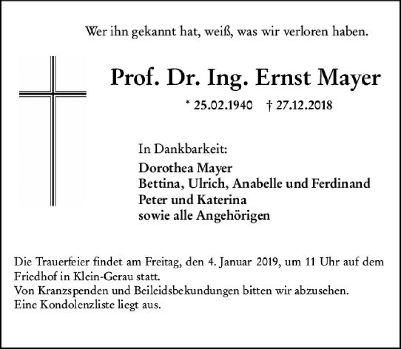  Traueranzeige für Ernst Mayer vom 02.01.2019 aus vrm-trauer
