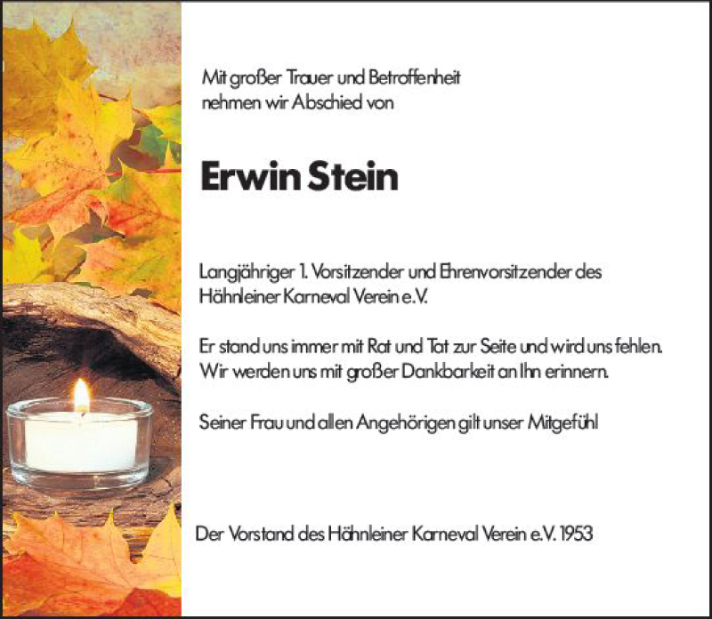  Traueranzeige für Erwin Stein vom 19.01.2019 aus vrm-trauer