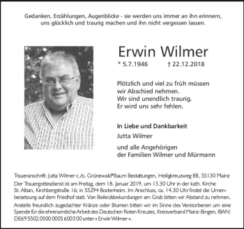 Traueranzeige von Erwin Wilmer von vrm-trauer