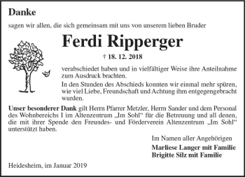 Traueranzeige von Ferdi Ripperger von vrm-trauer