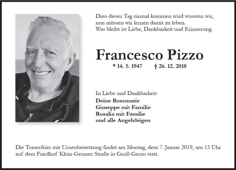  Traueranzeige für Francesco Pizzo vom 05.01.2019 aus vrm-trauer