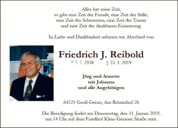 Traueranzeige von Friedrich J.  Reibold von vrm-trauer