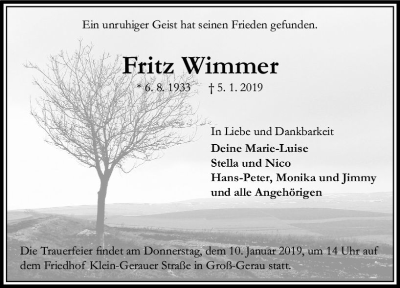  Traueranzeige für Fritz Wimmer vom 07.01.2019 aus vrm-trauer