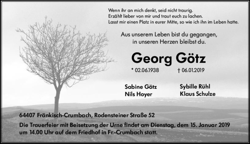  Traueranzeige für Georg Götz vom 12.01.2019 aus vrm-trauer
