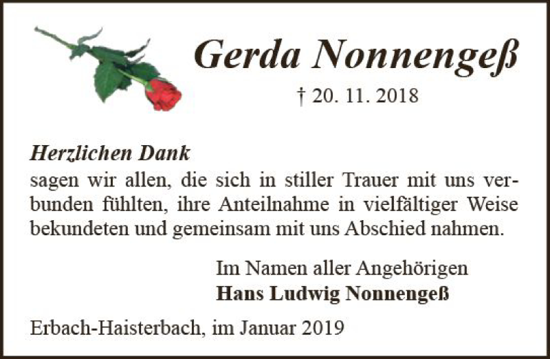 Traueranzeige für Gerda Nonnengeß vom 02.01.2019 aus vrm-trauer