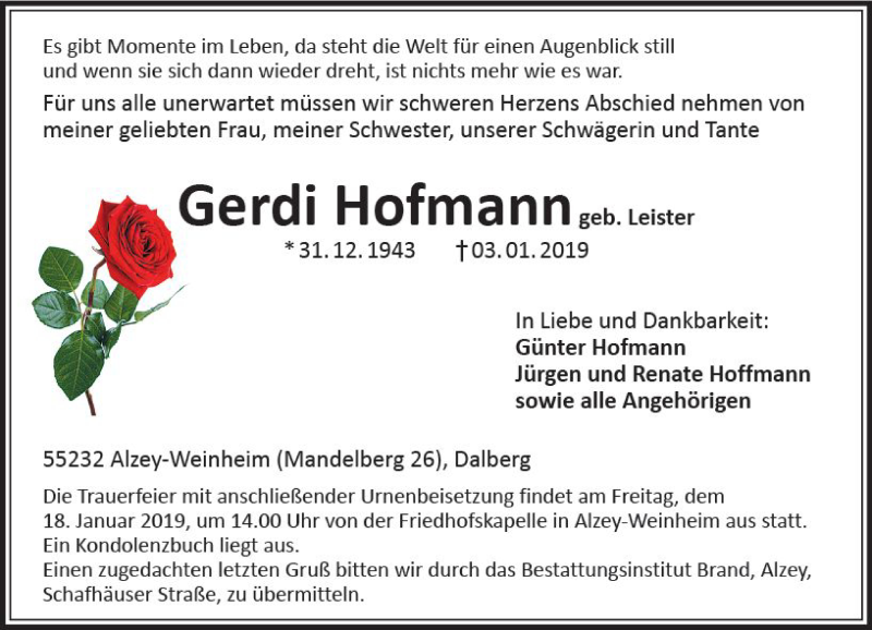  Traueranzeige für Gerdi Hofmann vom 05.01.2019 aus vrm-trauer